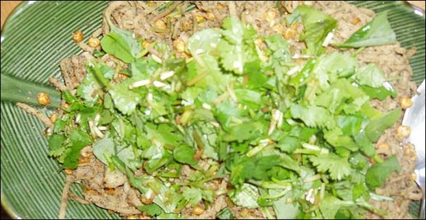 Singju salad is made from  banana stem , kidney beans, herbs, lotus stem,coriander leaves ,cabbages.