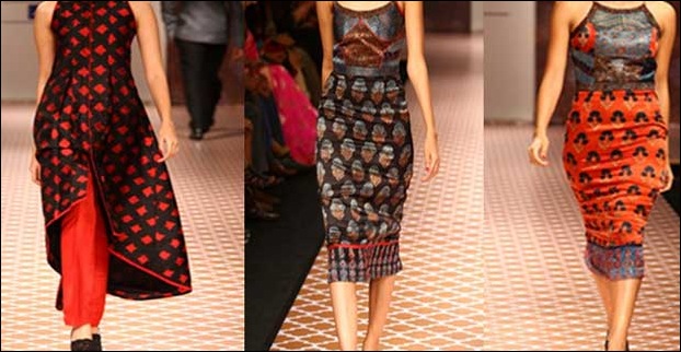 The Ikat and benarsi raw and mushru silk fusion result as colourful melange of silhouettes.