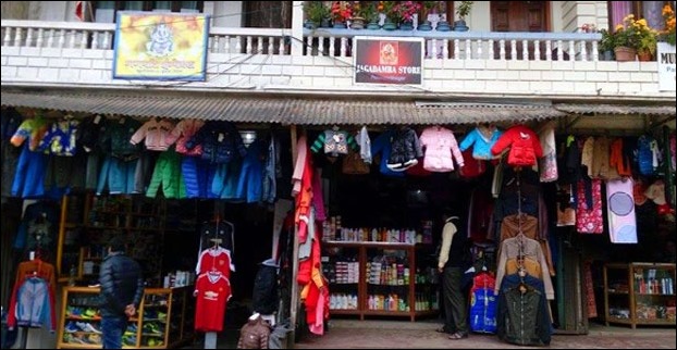 Shops are lined up on both sides of road in Pashupati Market
