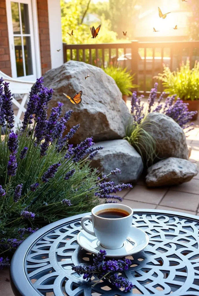 A peaceful morning patio scene with a cup of coffee on a table, large decorative boulders surrounded by blooming lavender, butterflies flying around, and soft sunlight shining on the stones.