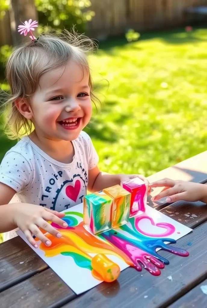 A joyful preschooler giggles as they paint with melting colorful ice cubes.