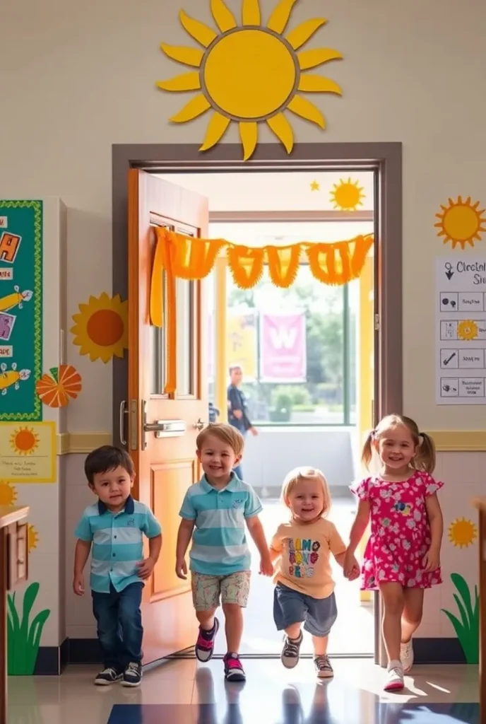 A cheerful classroom door bursting with sunshine, vibrant summer-themed decorations, and smiling kids walking in with excitement—radiating warmth, positivity, and the perfect back-to-school vibes.