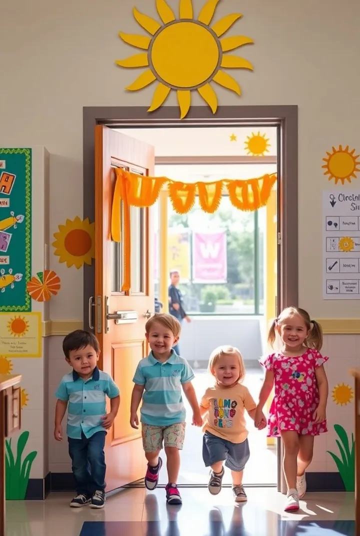 A cheerful classroom door bursting with sunshine, vibrant summer-themed decorations, and smiling kids walking in with excitement—radiating warmth, positivity, and the perfect back-to-school vibes.